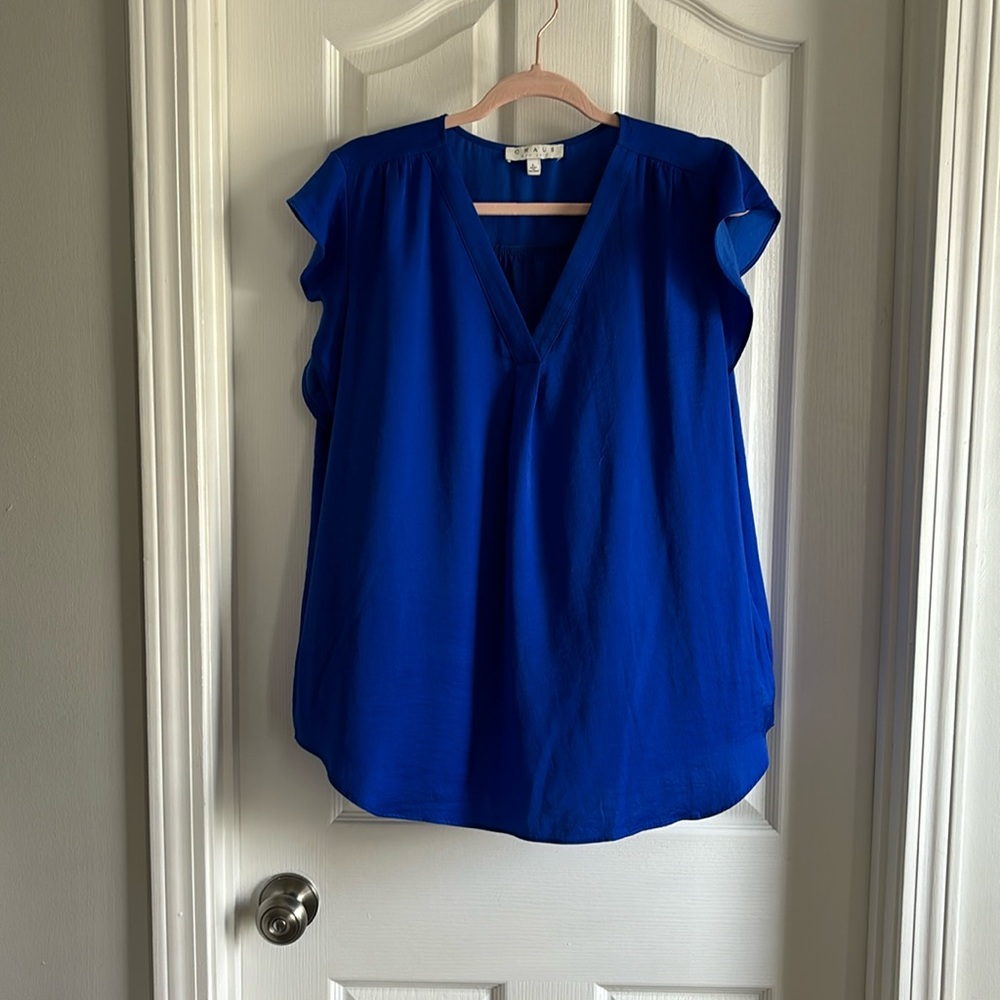 Chaus New York Royal Blue Flutter Sleeve Blouse Size L